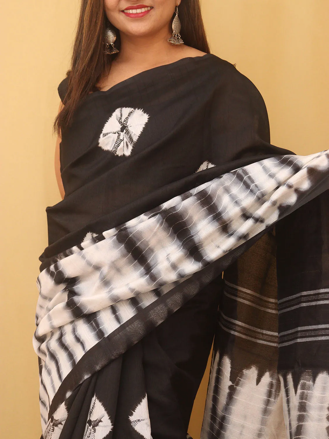 1 Min Ready To Wear - Black And White Shibori Print Semi Tussar Silk Saree