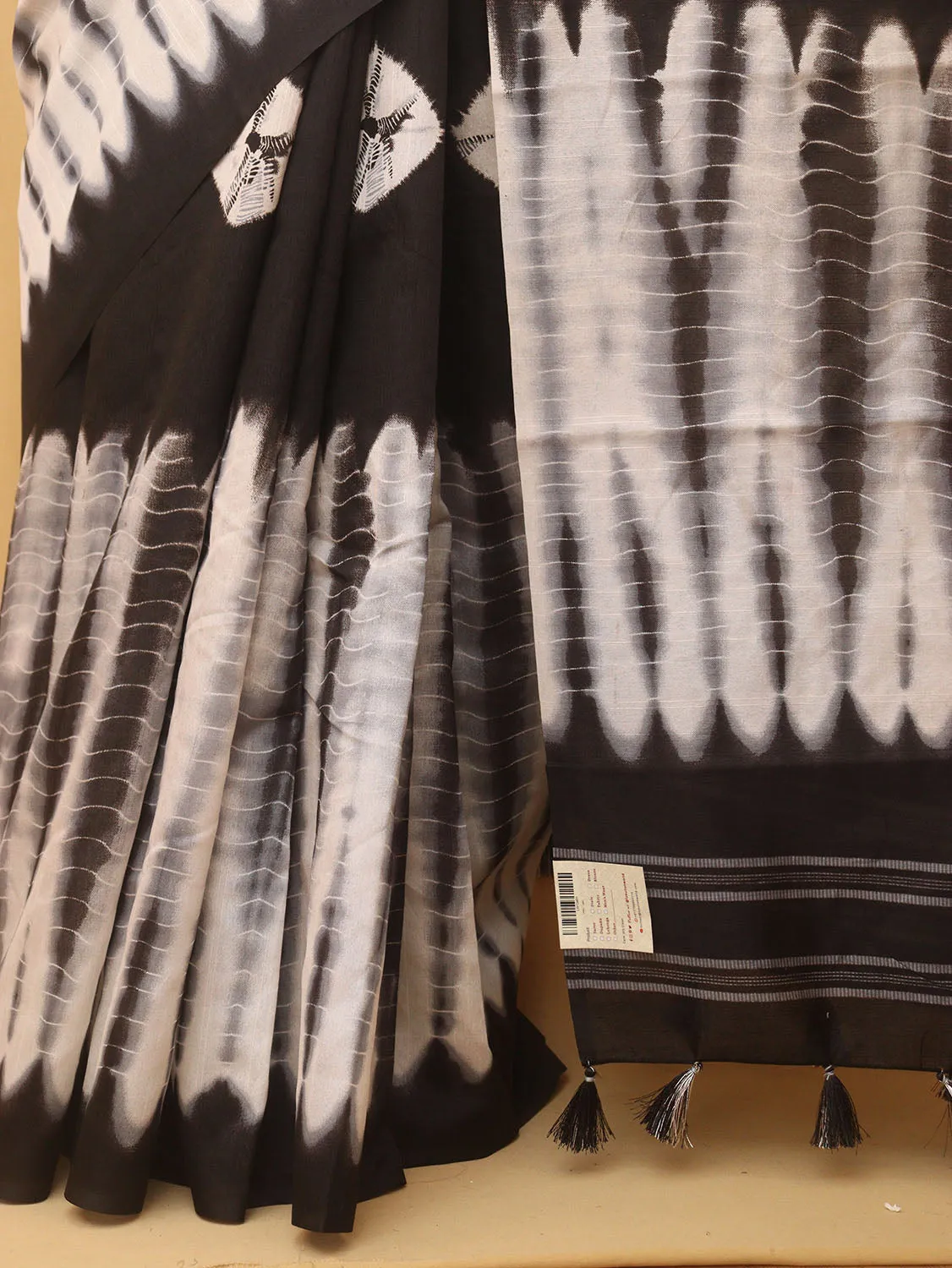1 Min Ready To Wear - Black And White Shibori Print Semi Tussar Silk Saree