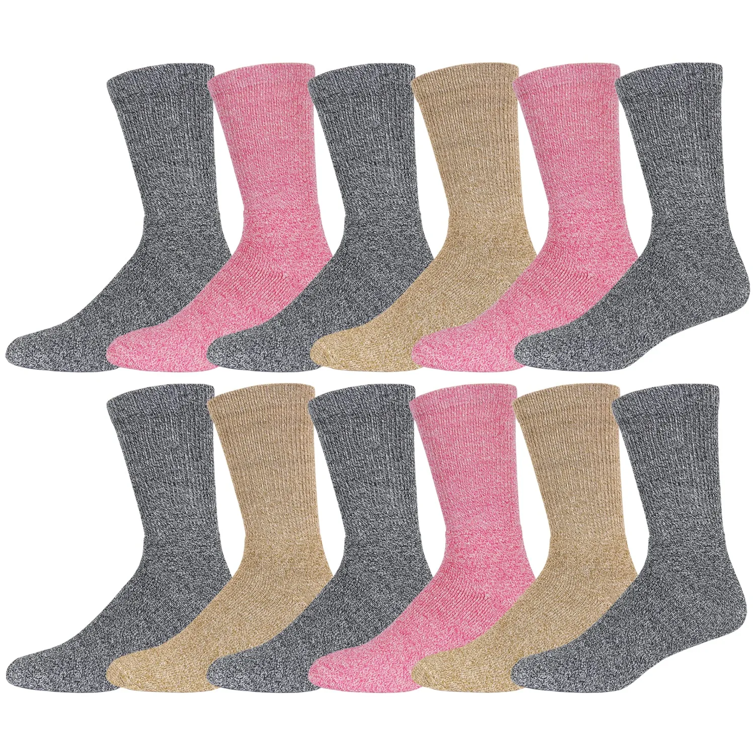 12 Pairs of Merino Wool Warm Crew Thermal Socks, Light Assorted, Size 9-11