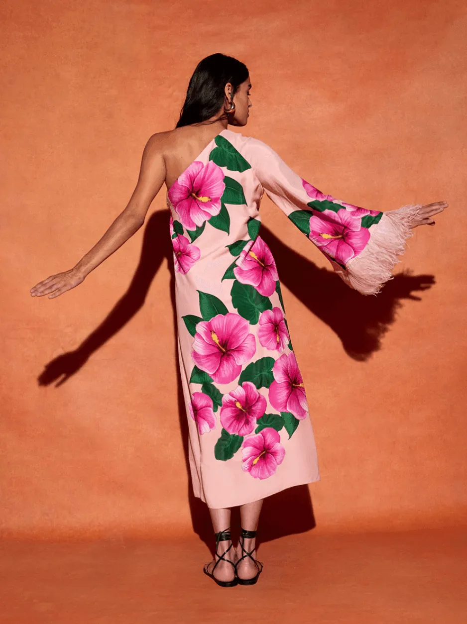 Aubrey Crepe One Shoulder Flowers Feather Midi Dress