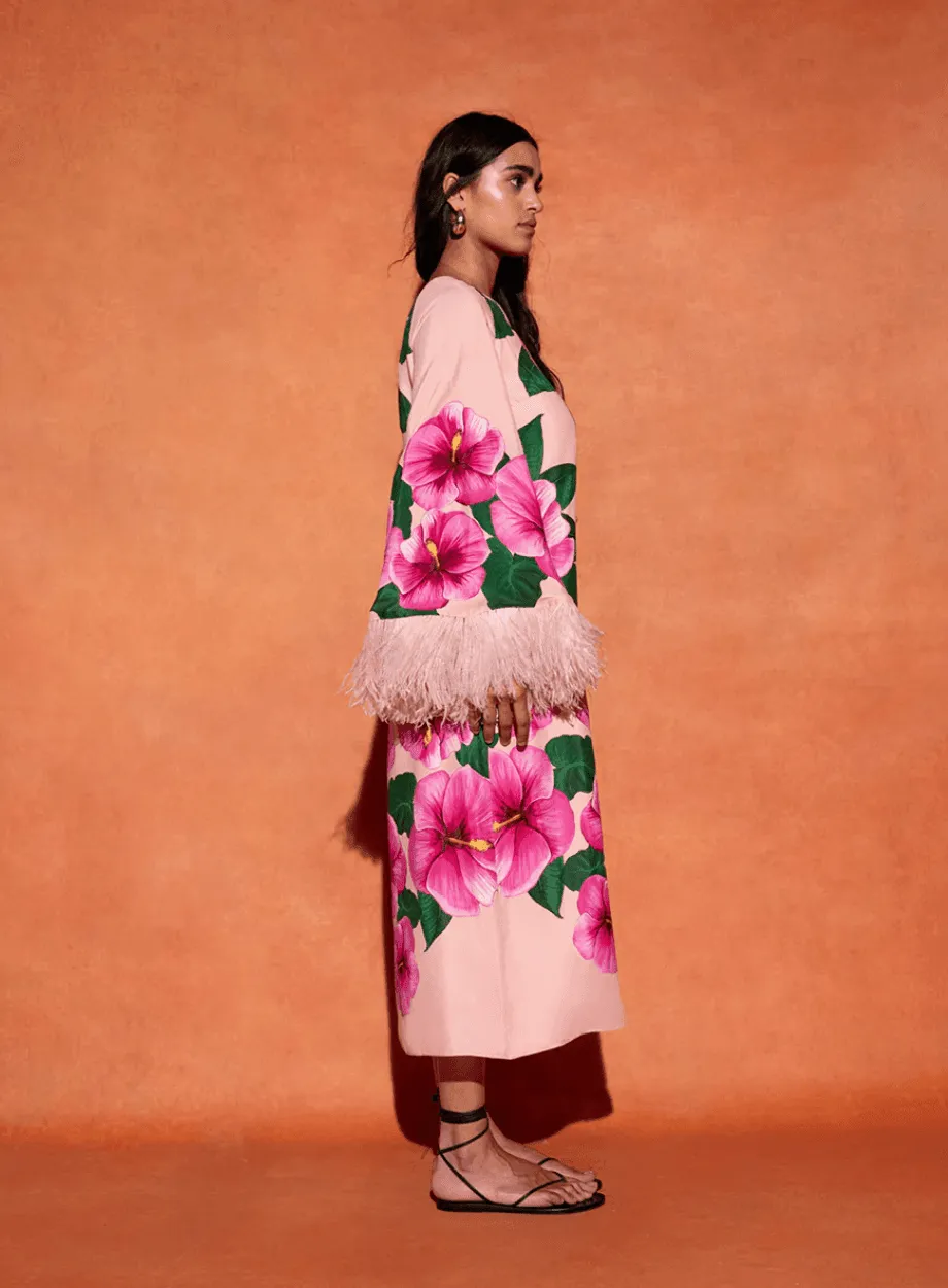 Aubrey Crepe One Shoulder Flowers Feather Midi Dress