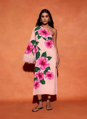 Aubrey Crepe One Shoulder Flowers Feather Midi Dress