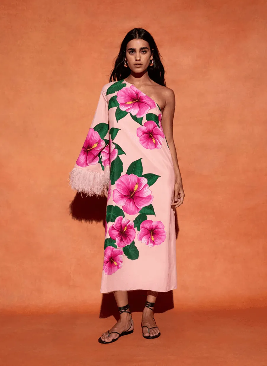 Aubrey Crepe One Shoulder Flowers Feather Midi Dress
