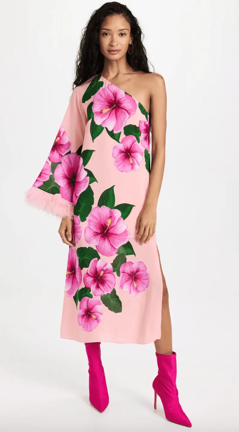 Aubrey Crepe One Shoulder Flowers Feather Midi Dress