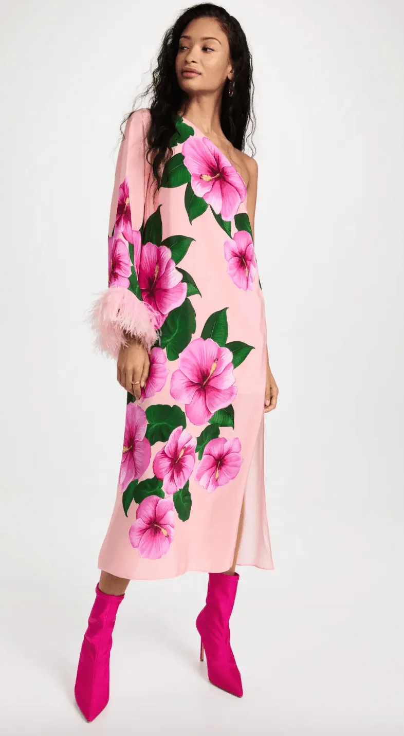 Aubrey Crepe One Shoulder Flowers Feather Midi Dress