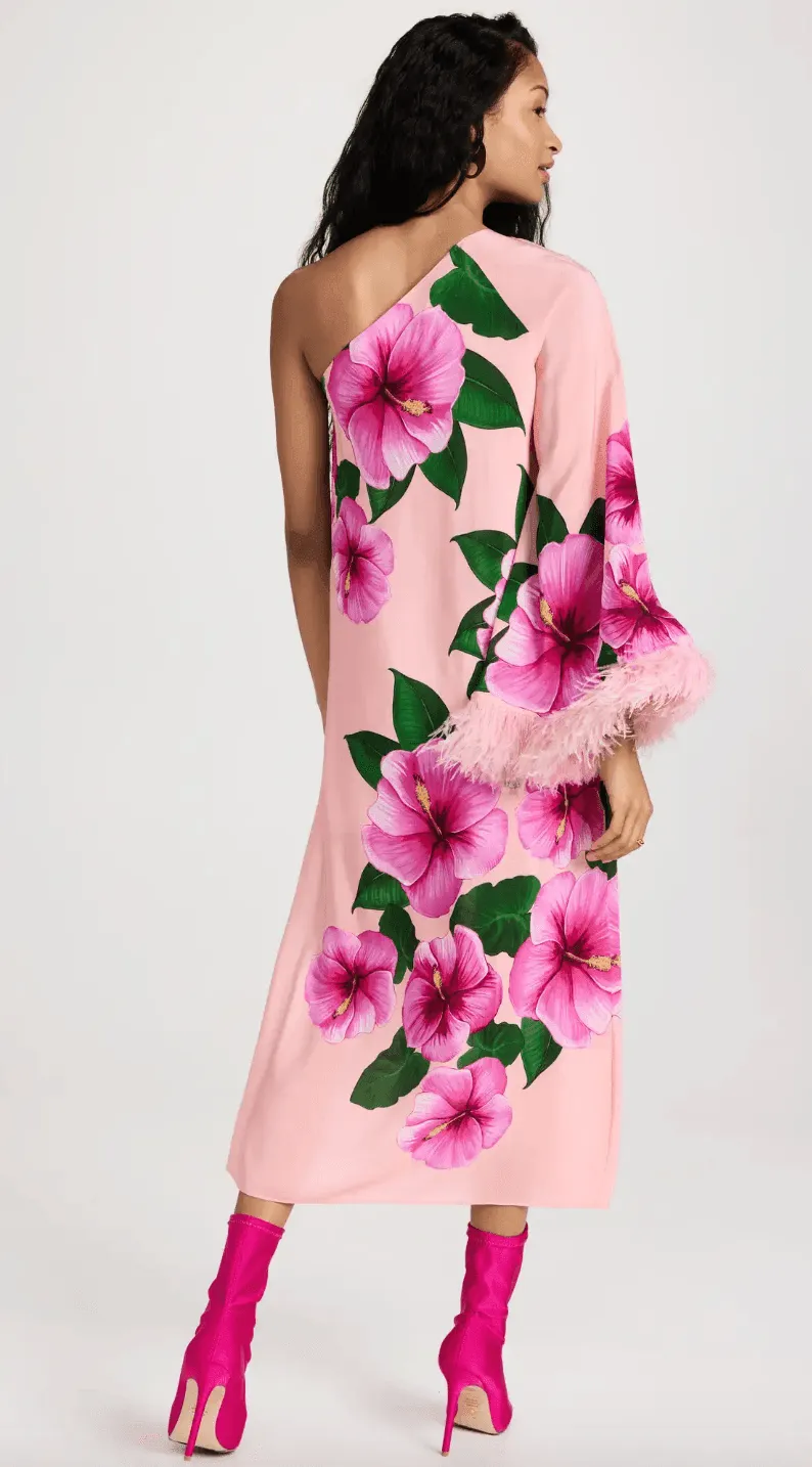 Aubrey Crepe One Shoulder Flowers Feather Midi Dress