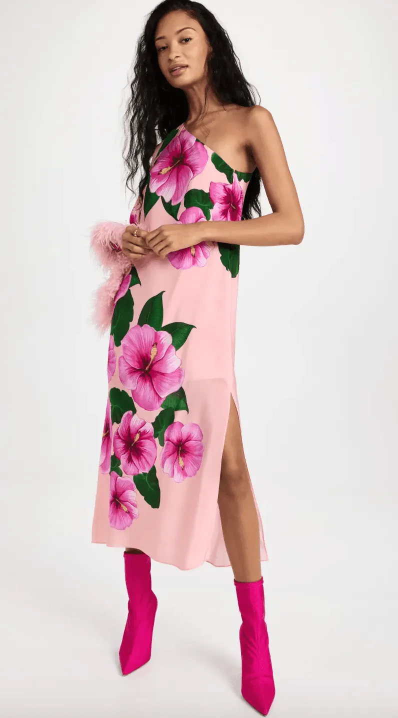 Aubrey Crepe One Shoulder Flowers Feather Midi Dress