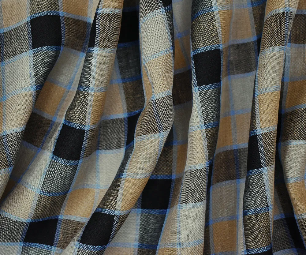 Beige-Black-Blue Check Linen Woven Fabric