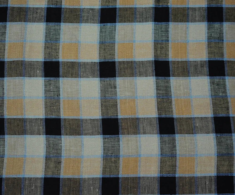Beige-Black-Blue Check Linen Woven Fabric