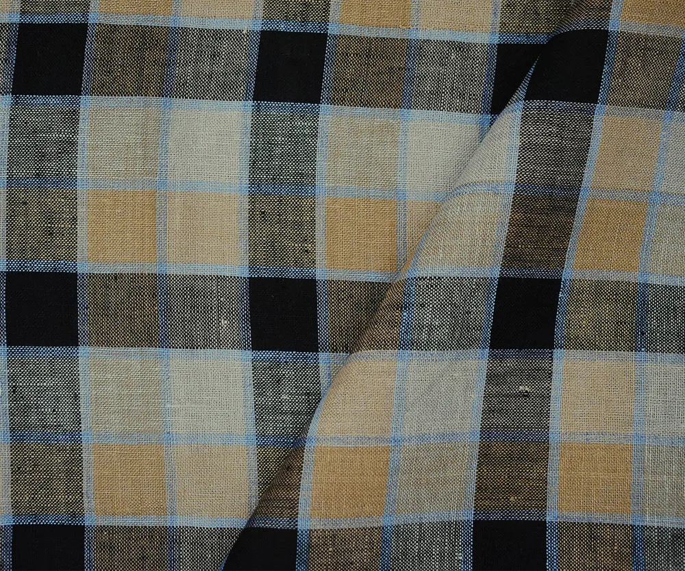 Beige-Black-Blue Check Linen Woven Fabric