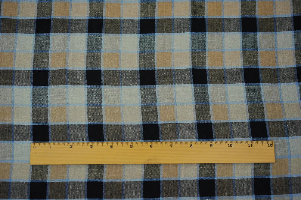 Beige-Black-Blue Check Linen Woven Fabric