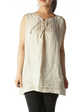 Beige Crochet Lace-Up Sleeveless Linen Blouse