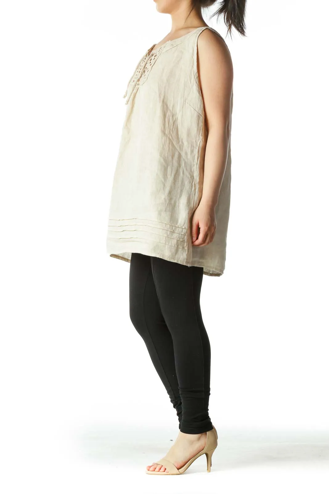 Beige Crochet Lace-Up Sleeveless Linen Blouse