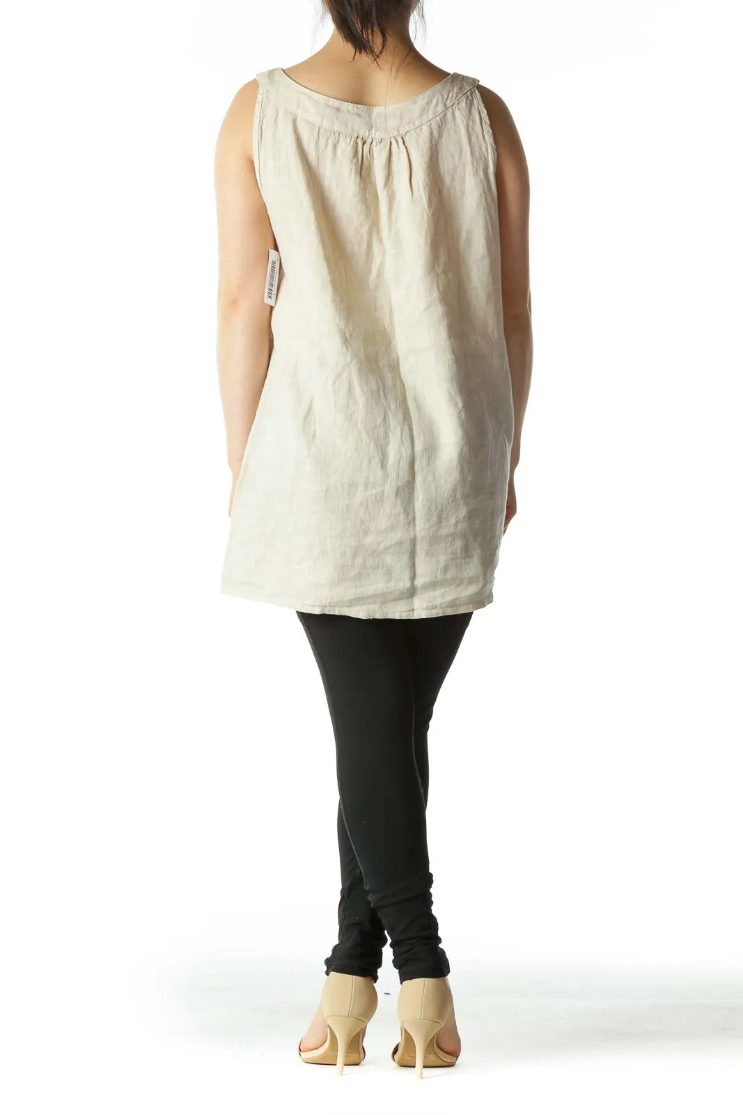 Beige Crochet Lace-Up Sleeveless Linen Blouse