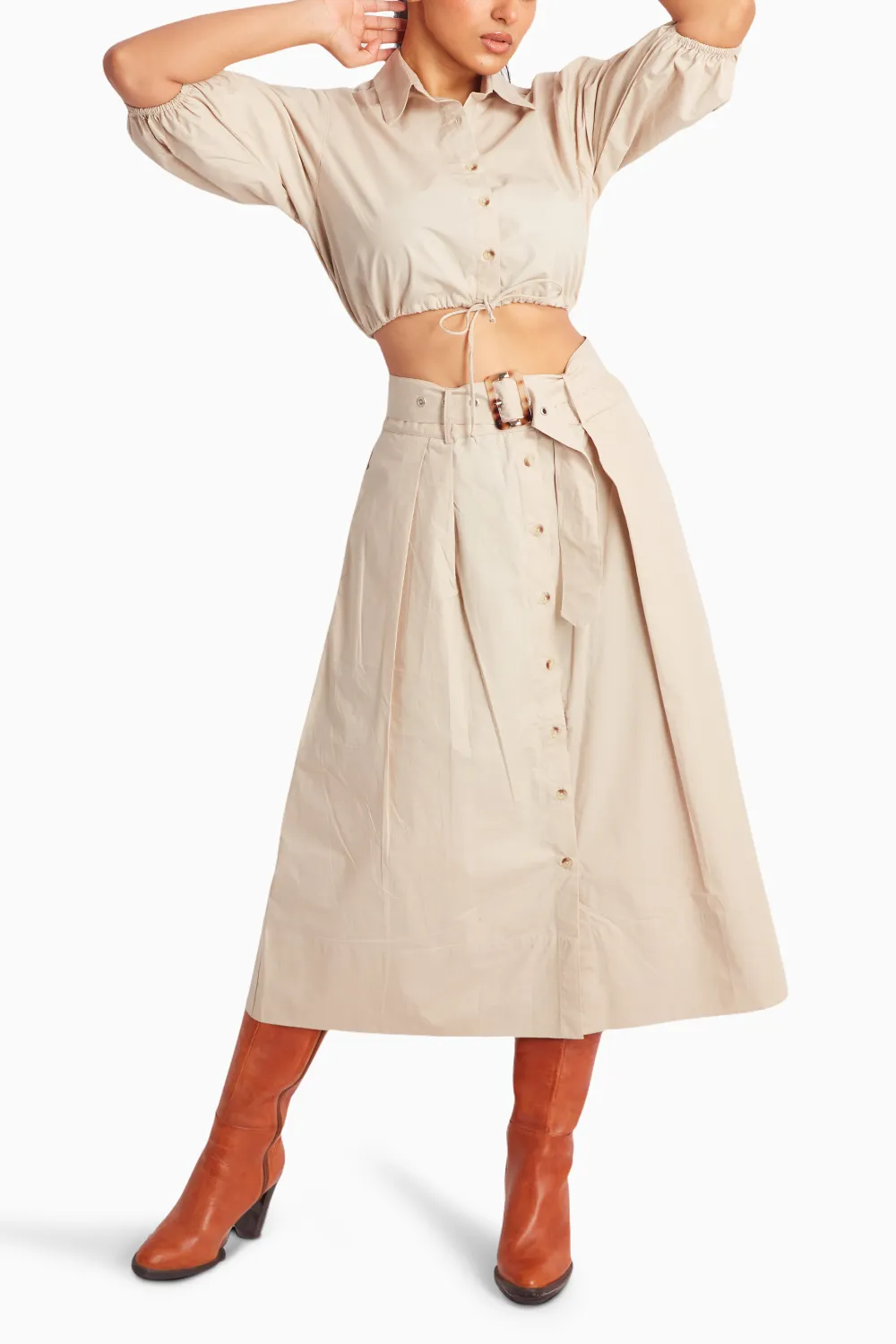 Beige Crop Drawstring Shirt and Midi Skirt with Belt