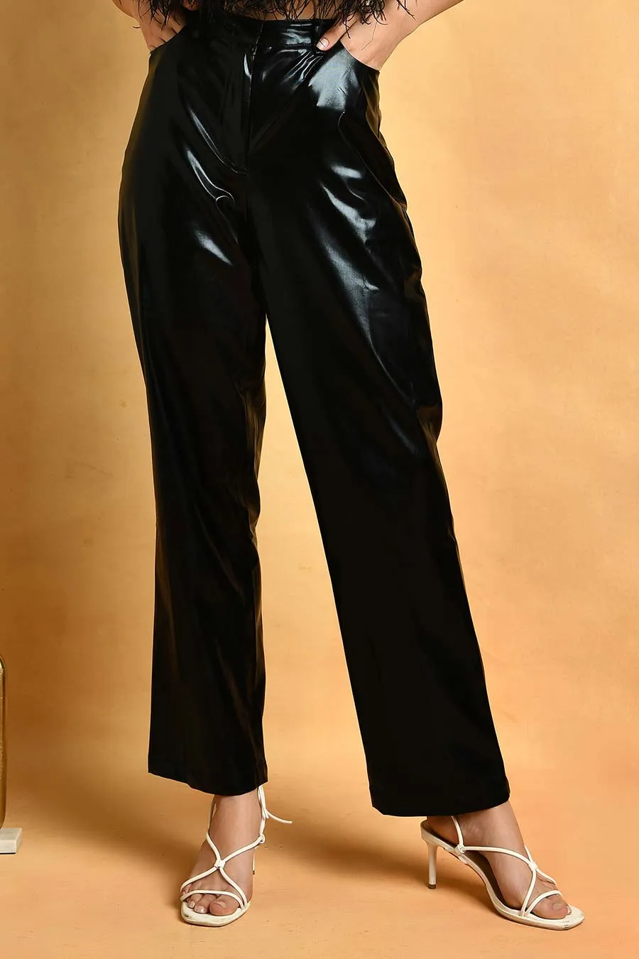 Black Metallic Leather Pants