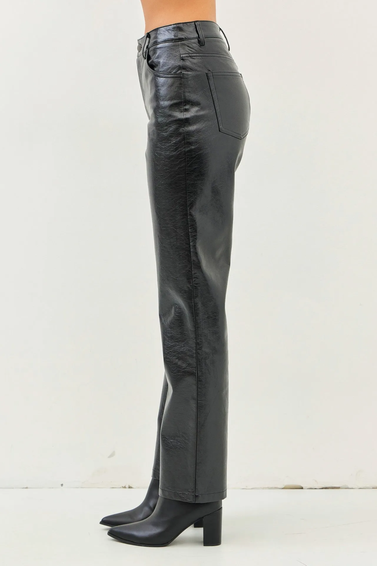 Black Sleek Metallic Straight Pants with Pockets