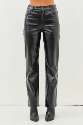 Black Sleek Metallic Straight Pants with Pockets