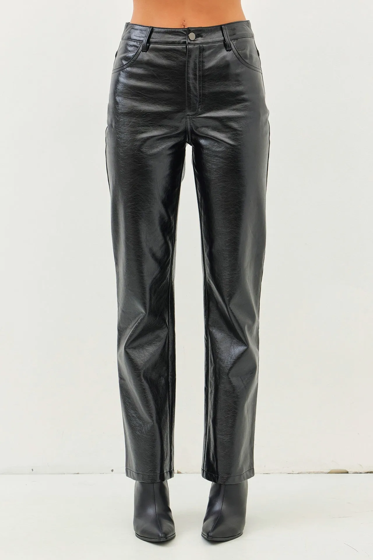 Black Sleek Metallic Straight Pants with Pockets
