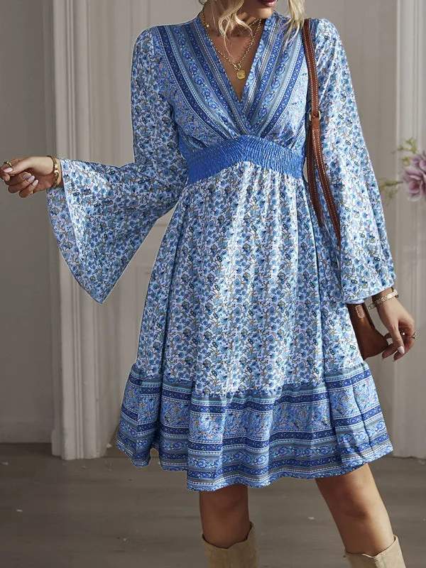 Blue Zone Planet |  Ava's V-Neck Long Sleeve Bohemian Mini Dress