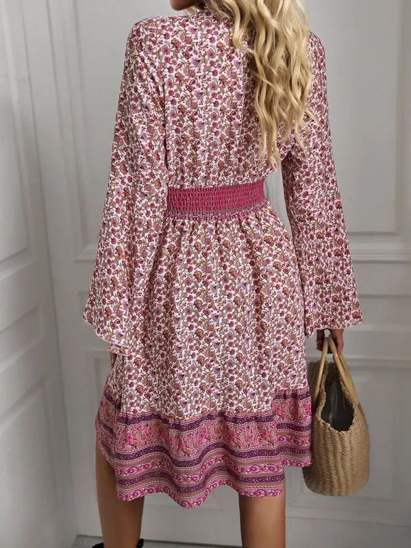 Blue Zone Planet |  Ava's V-Neck Long Sleeve Bohemian Mini Dress