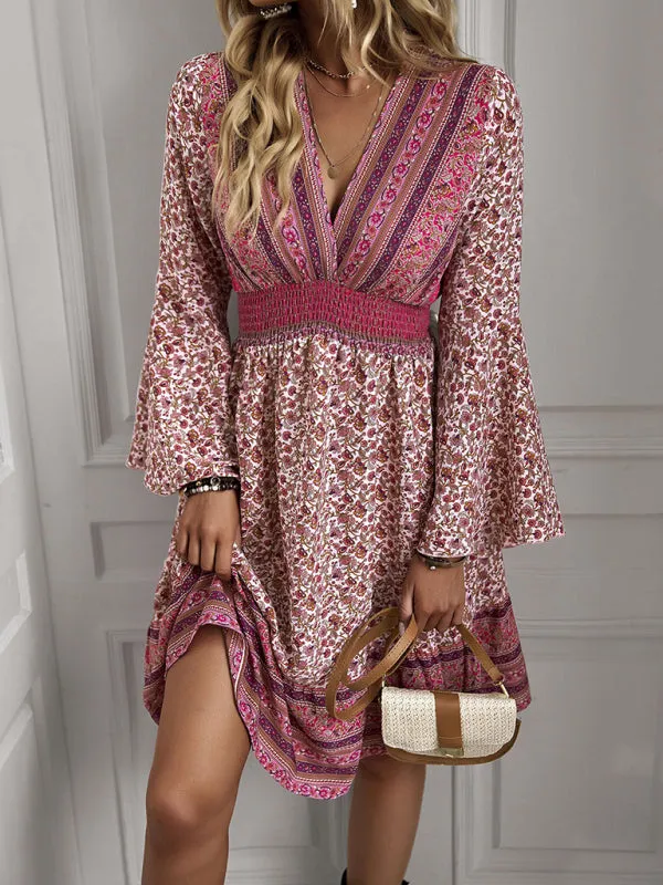 Blue Zone Planet |  Ava's V-Neck Long Sleeve Bohemian Mini Dress