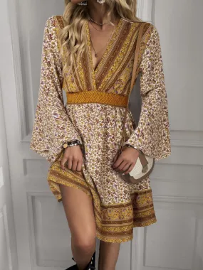 Blue Zone Planet |  Ava's V-Neck Long Sleeve Bohemian Mini Dress
