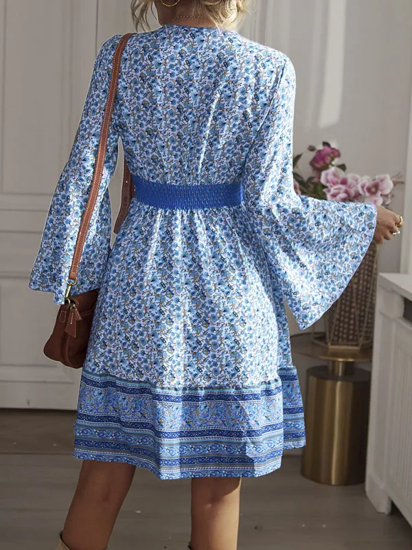 Blue Zone Planet |  Ava's V-Neck Long Sleeve Bohemian Mini Dress