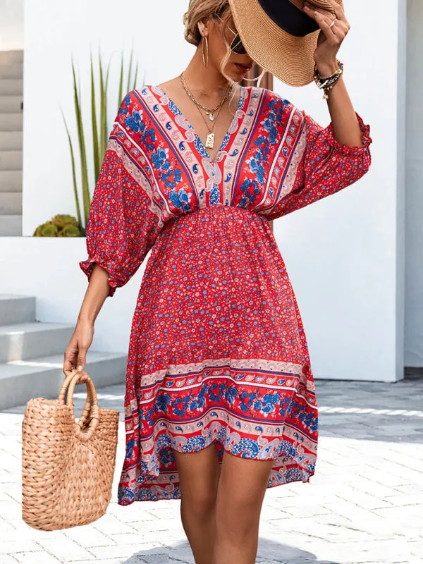 Blue Zone Planet |  Ava's Woven V-Neck Open Back Bohemian High Low Mini Dress