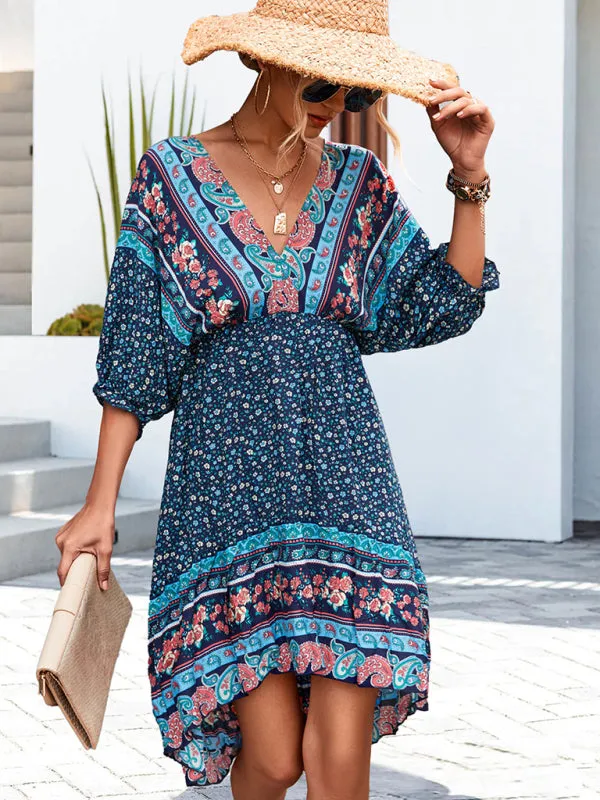 Blue Zone Planet |  Ava's Woven V-Neck Open Back Bohemian High Low Mini Dress