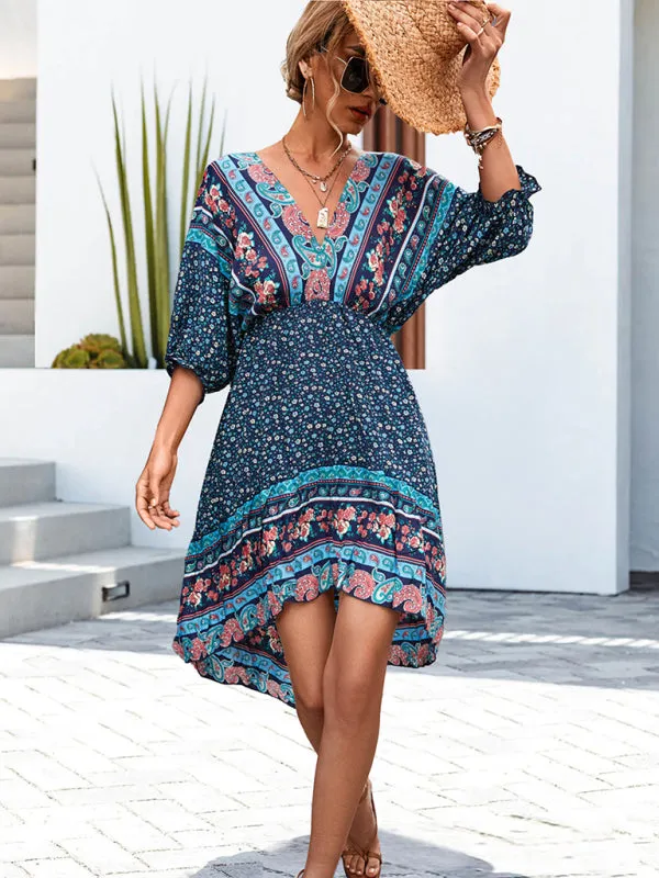 Blue Zone Planet |  Ava's Woven V-Neck Open Back Bohemian High Low Mini Dress