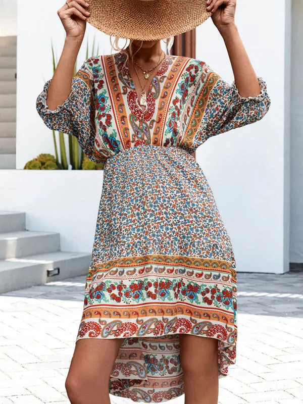 Blue Zone Planet |  Ava's Woven V-Neck Open Back Bohemian High Low Mini Dress