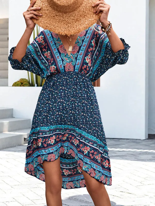 Blue Zone Planet |  Ava's Woven V-Neck Open Back Bohemian High Low Mini Dress