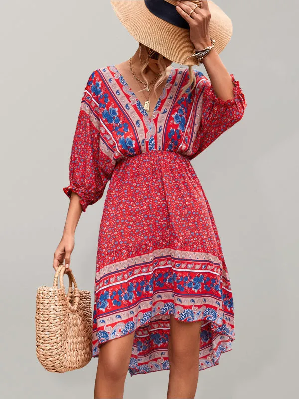 Blue Zone Planet |  Ava's Woven V-Neck Open Back Bohemian High Low Mini Dress