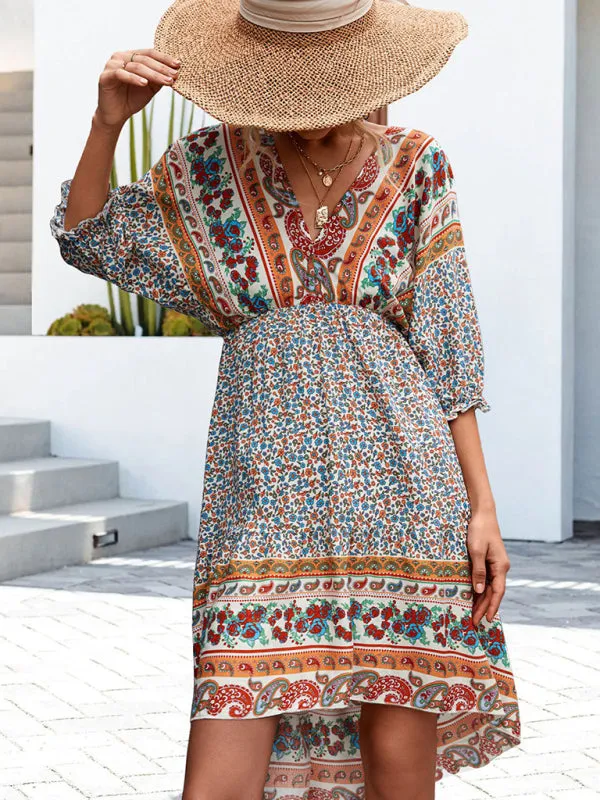 Blue Zone Planet |  Ava's Woven V-Neck Open Back Bohemian High Low Mini Dress