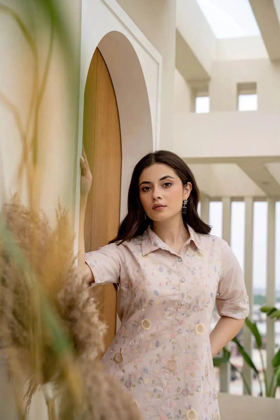 BLUSH FLORAL EMBROIDERY TUNIC & TROUSER SET