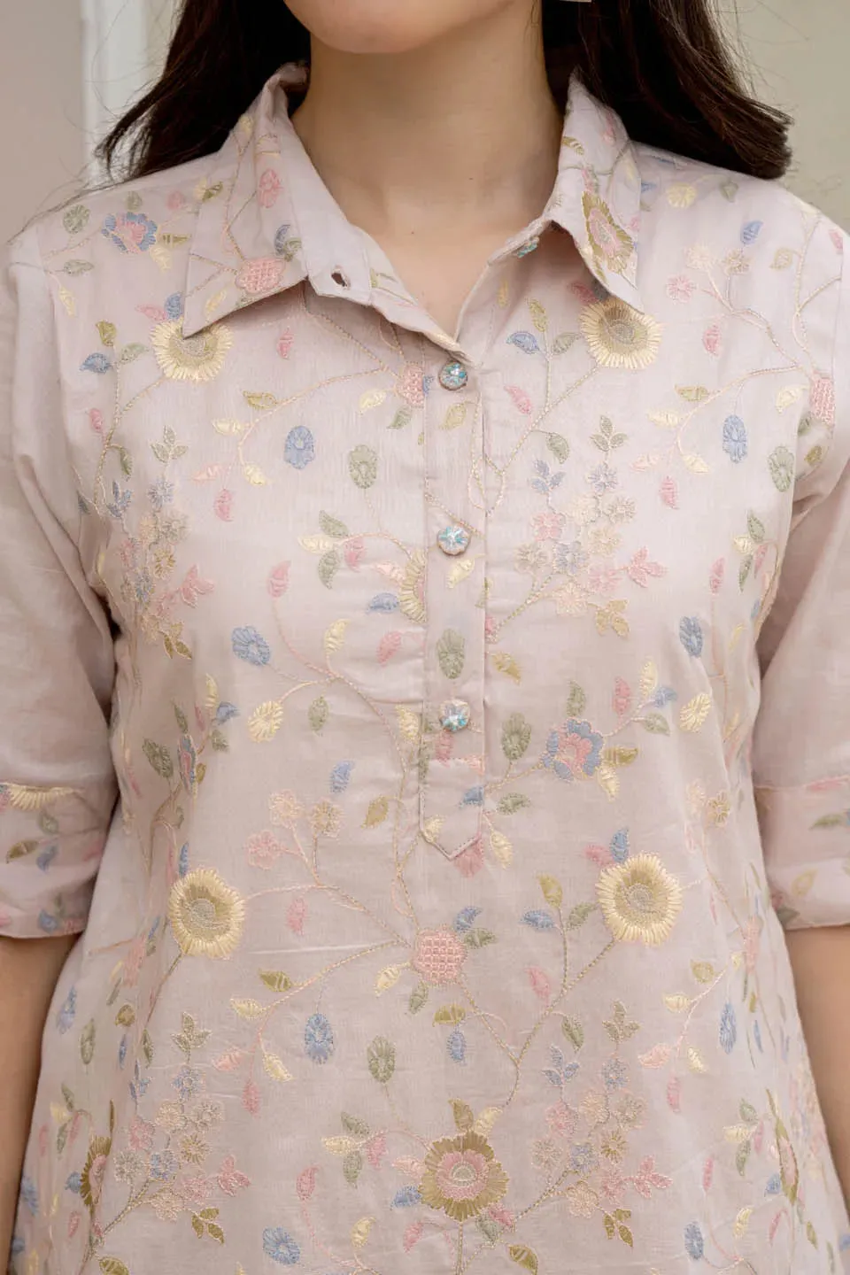 BLUSH FLORAL EMBROIDERY TUNIC & TROUSER SET