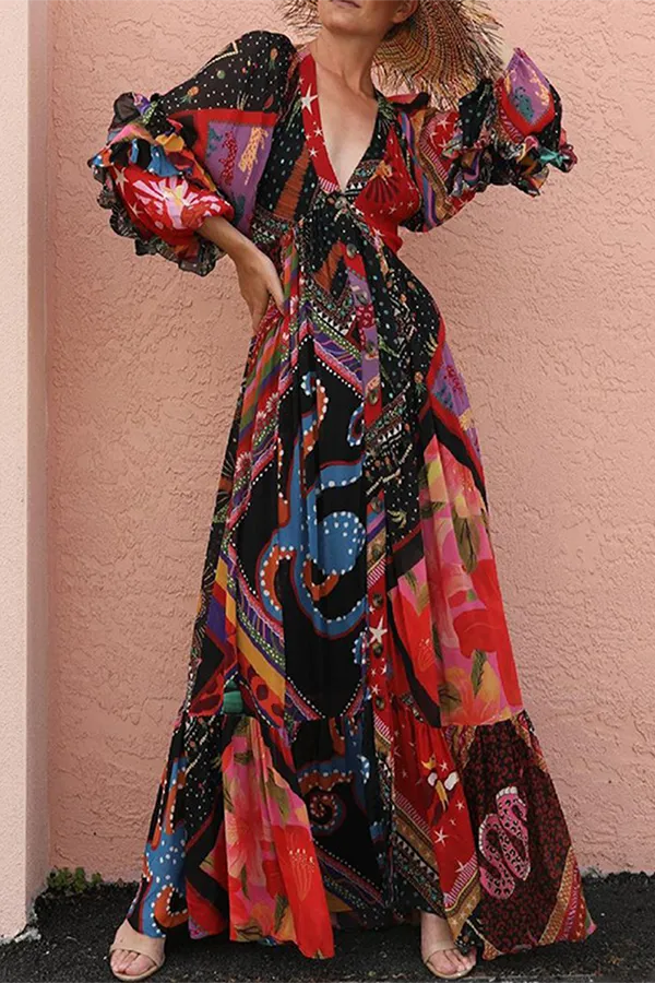 Bohemian Vibes: Patchwork Buckle Flounce V-Neck Dresses