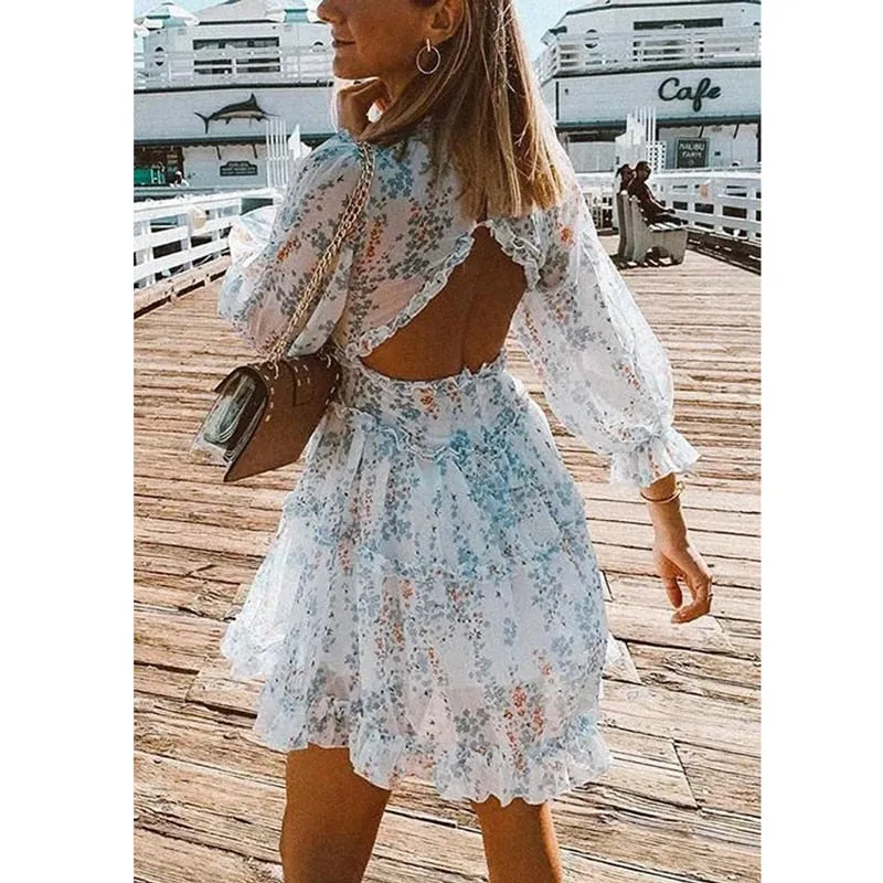 Boho Floral Ruffle Backless Dress