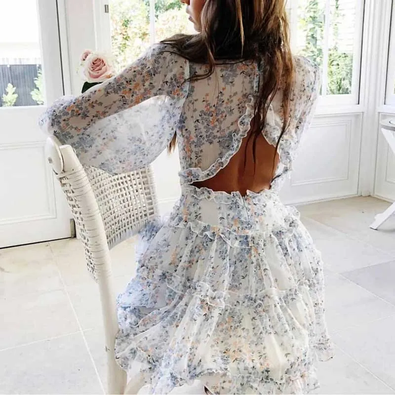 Boho Floral Ruffle Backless Dress