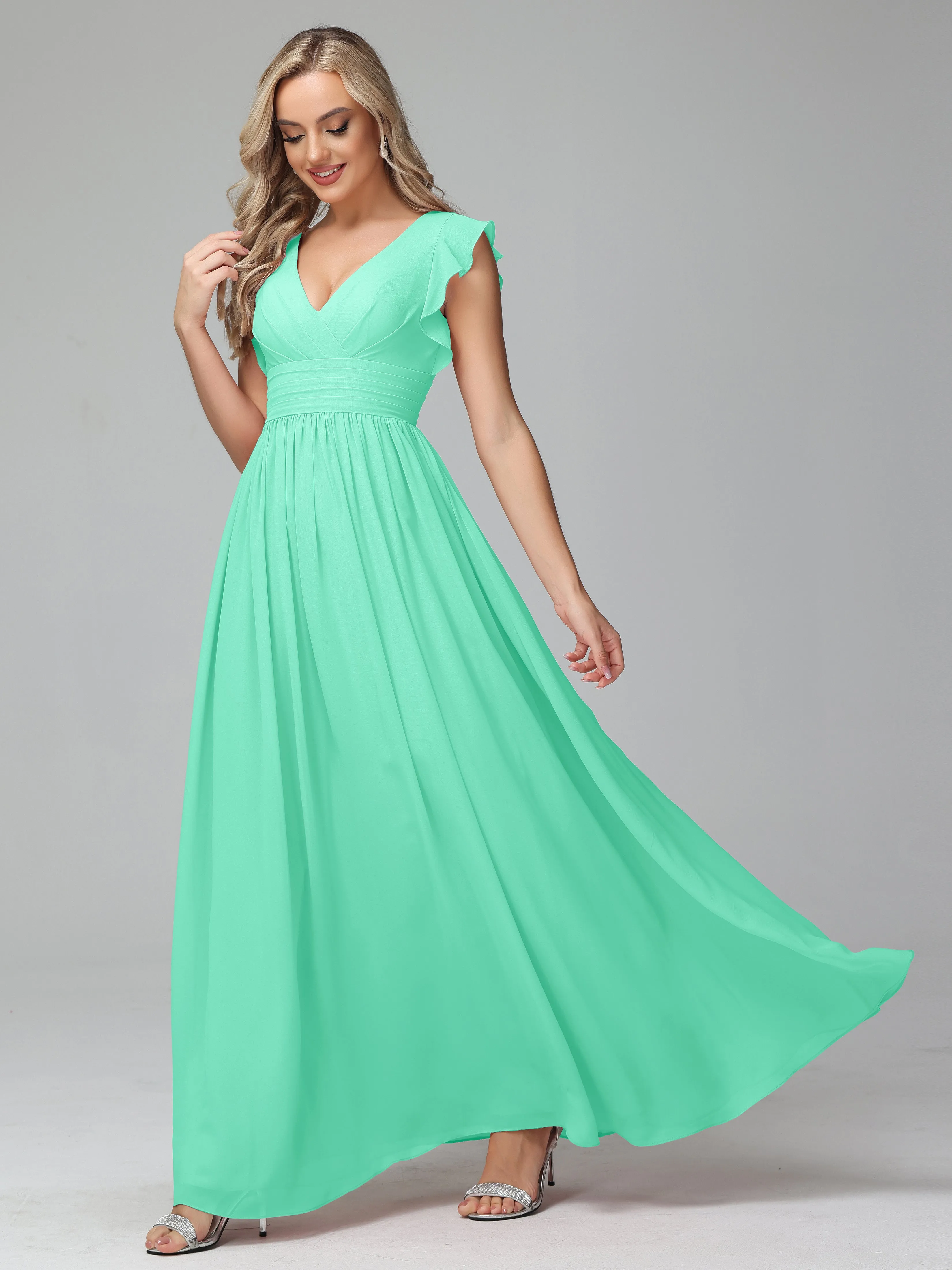 Bonnie V-Neck Chiffon Bridesmaid Dresses With Ruffle Sleeves