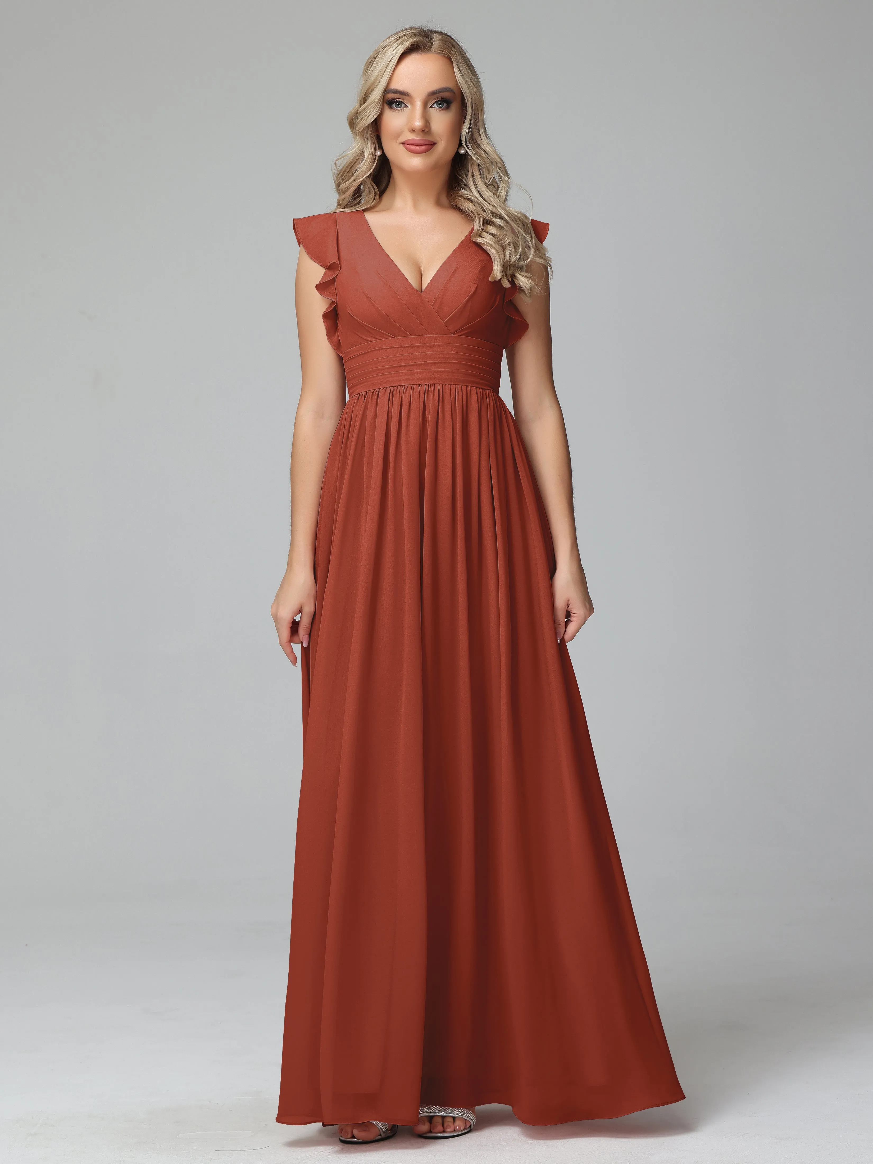 Bonnie V-Neck Chiffon Bridesmaid Dresses With Ruffle Sleeves