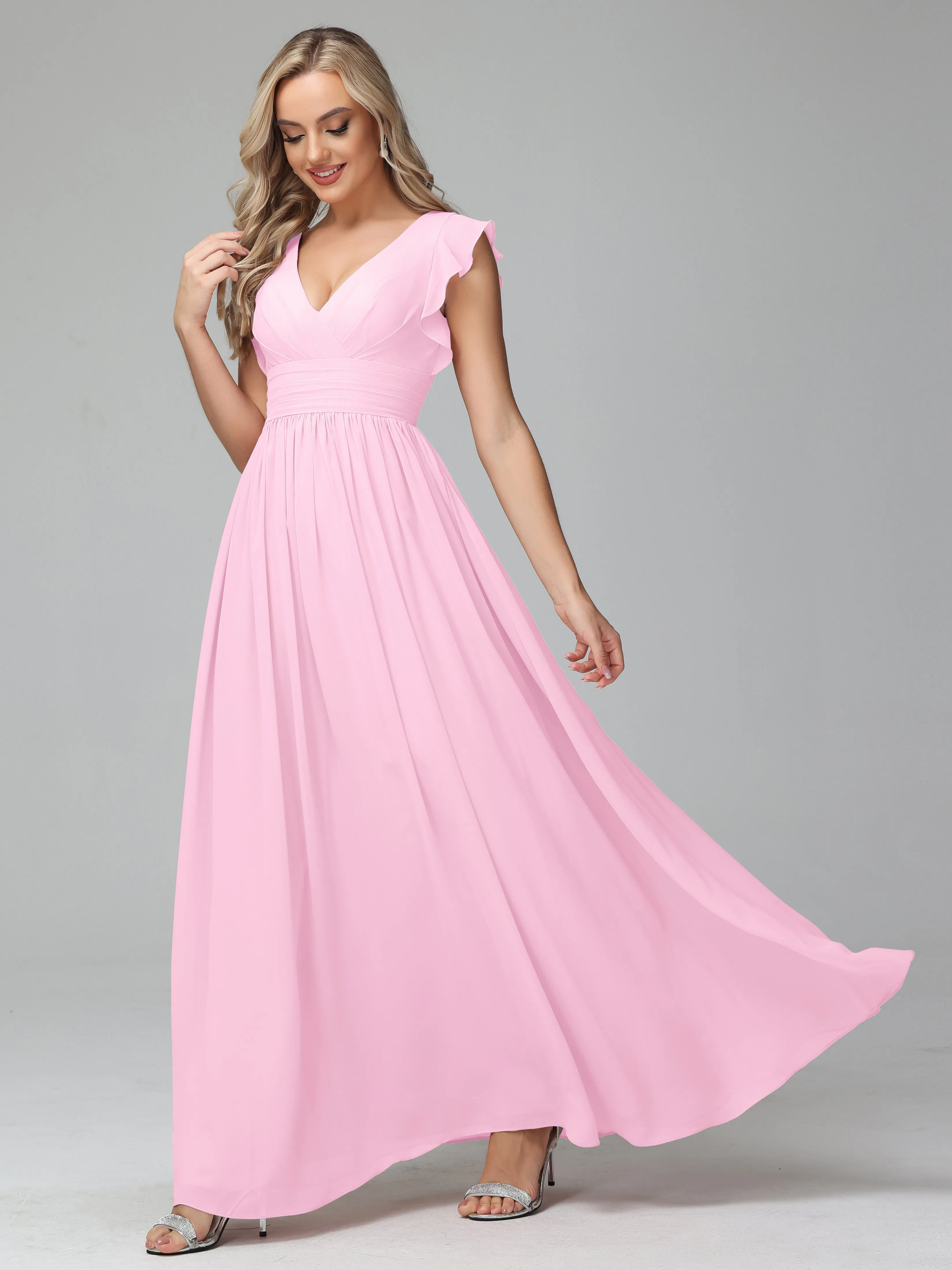 Bonnie V-Neck Chiffon Bridesmaid Dresses With Ruffle Sleeves