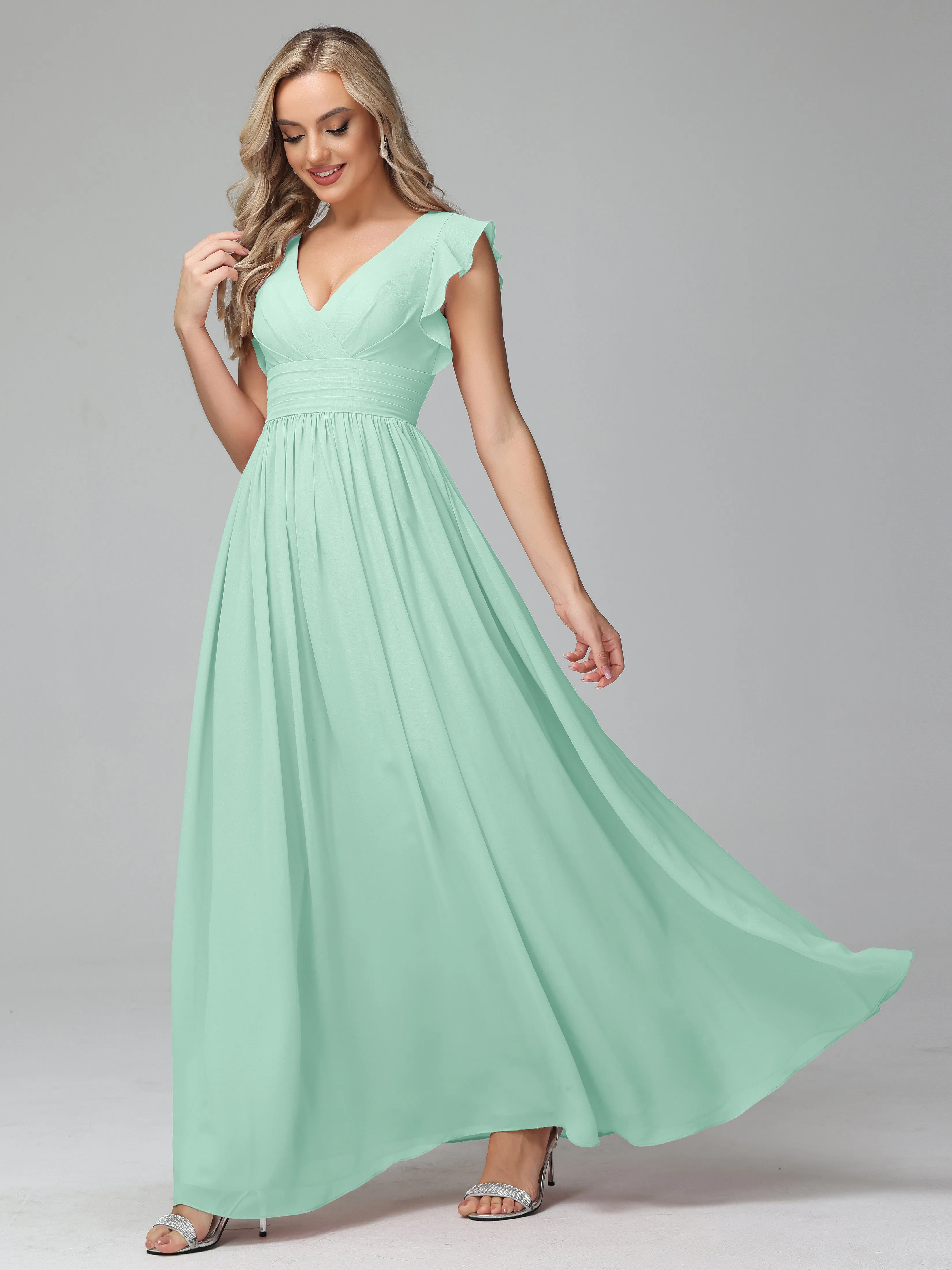 Bonnie V-Neck Chiffon Bridesmaid Dresses With Ruffle Sleeves