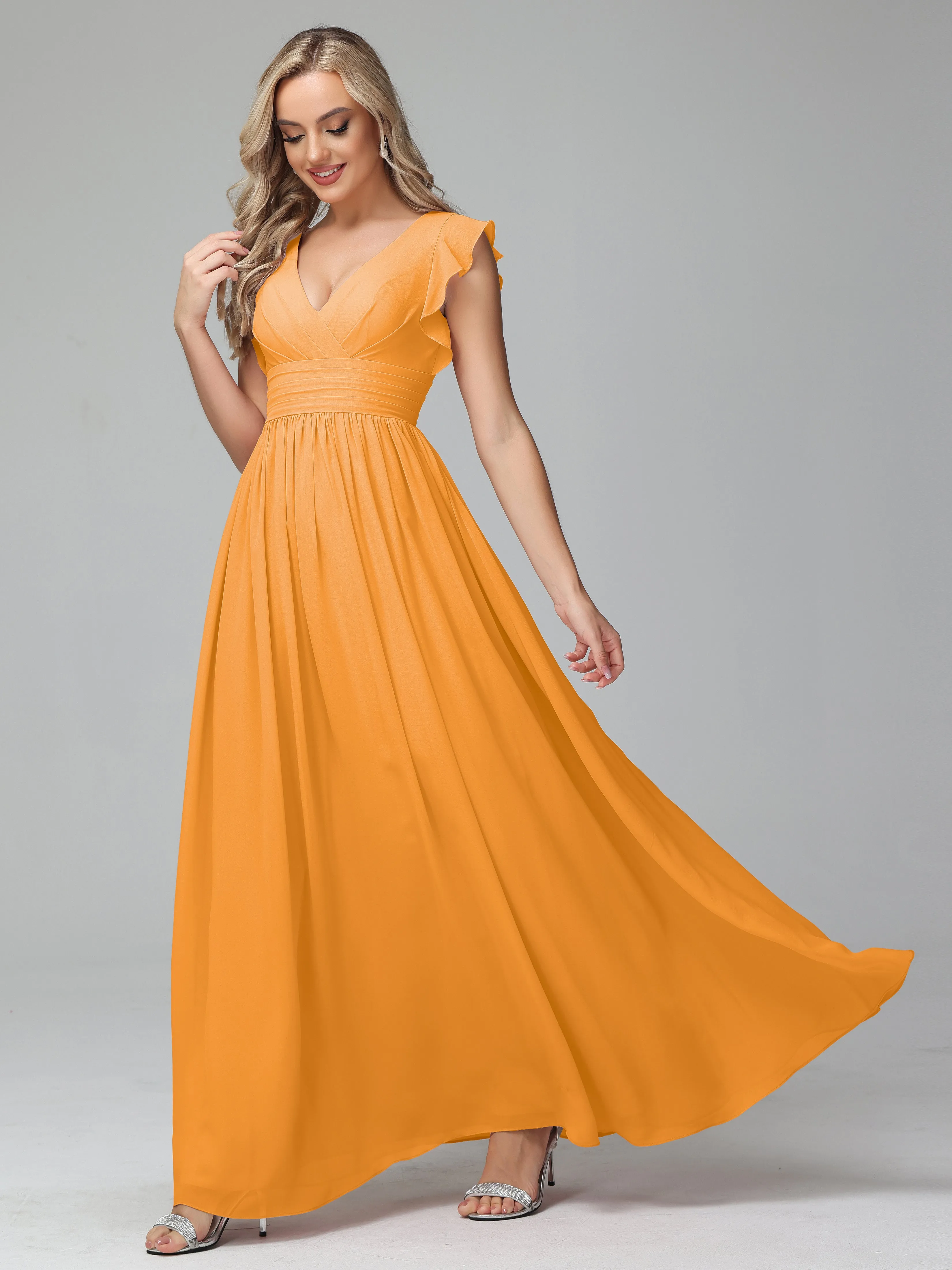 Bonnie V-Neck Chiffon Bridesmaid Dresses With Ruffle Sleeves