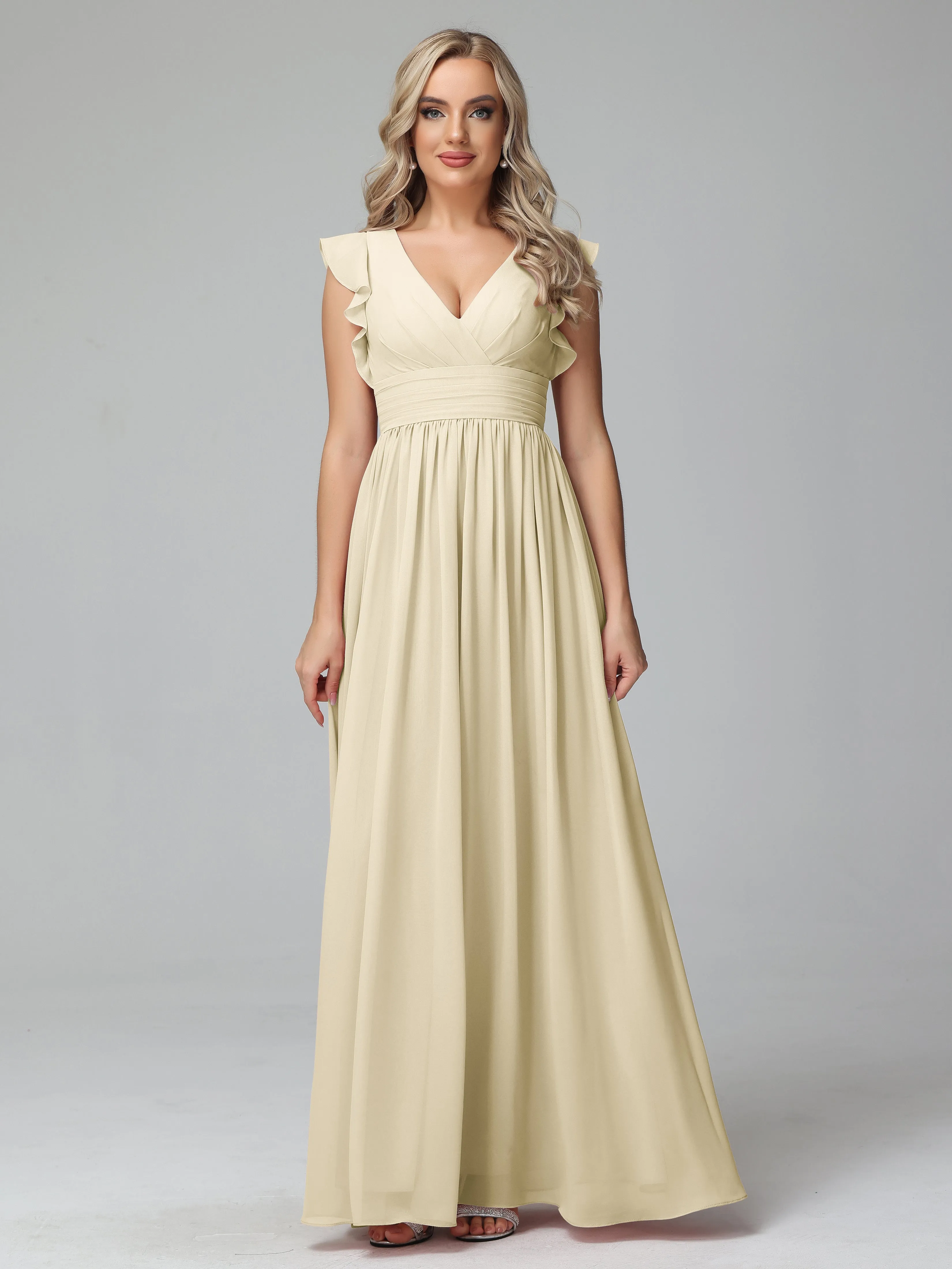 Bonnie V-Neck Chiffon Bridesmaid Dresses With Ruffle Sleeves