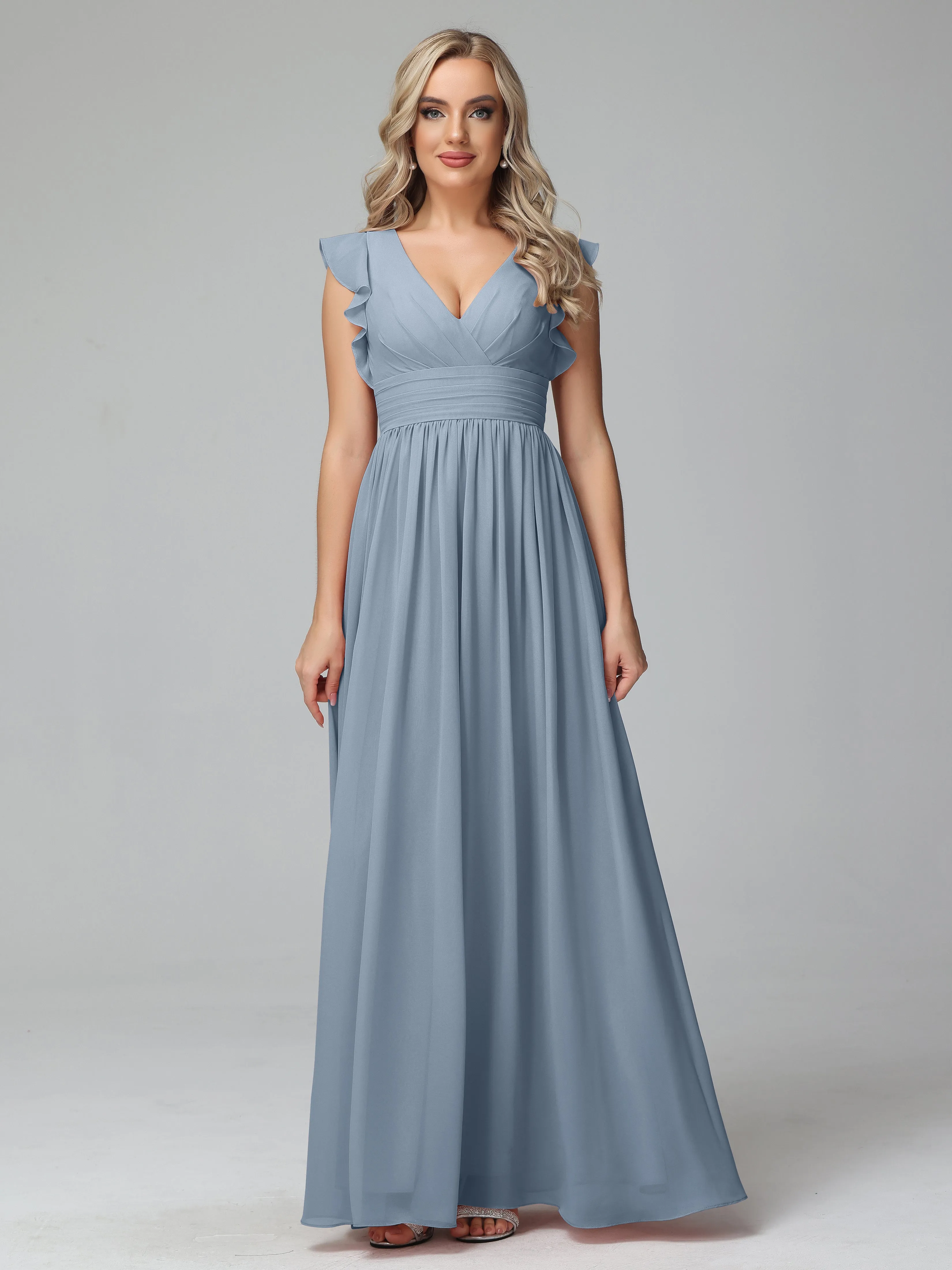 Bonnie V-Neck Chiffon Bridesmaid Dresses With Ruffle Sleeves