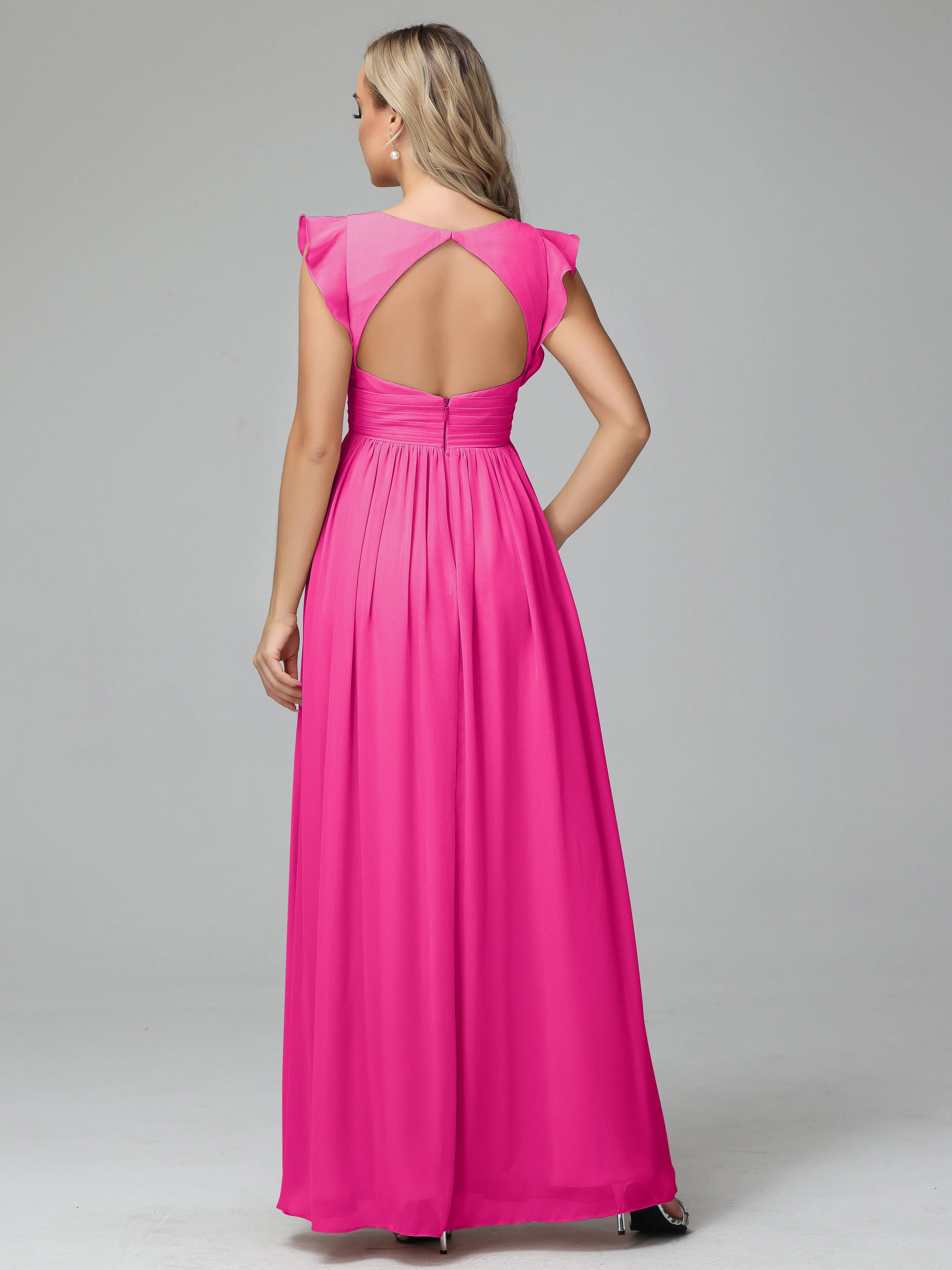 Bonnie V-Neck Chiffon Bridesmaid Dresses With Ruffle Sleeves