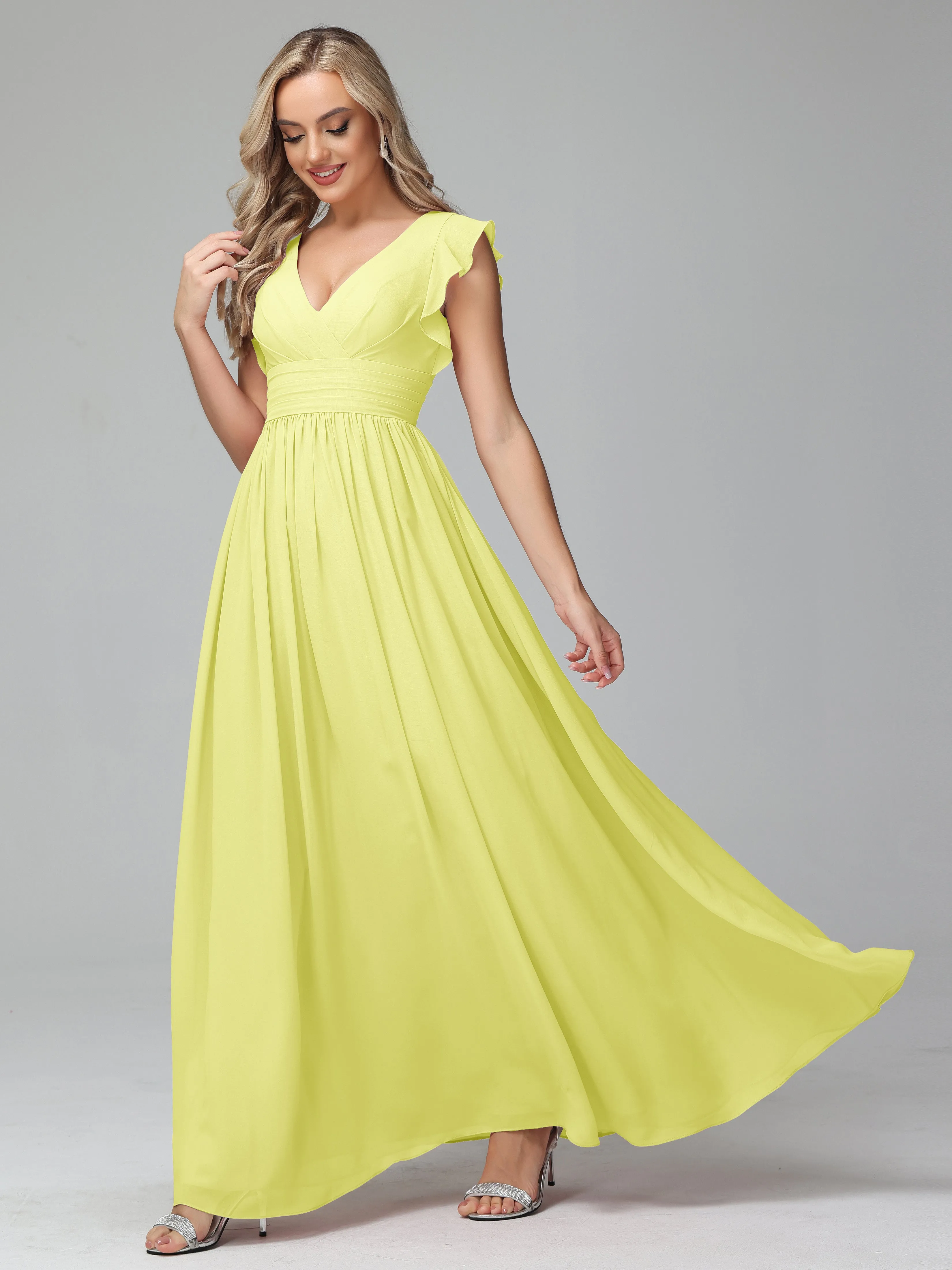 Bonnie V-Neck Chiffon Bridesmaid Dresses With Ruffle Sleeves
