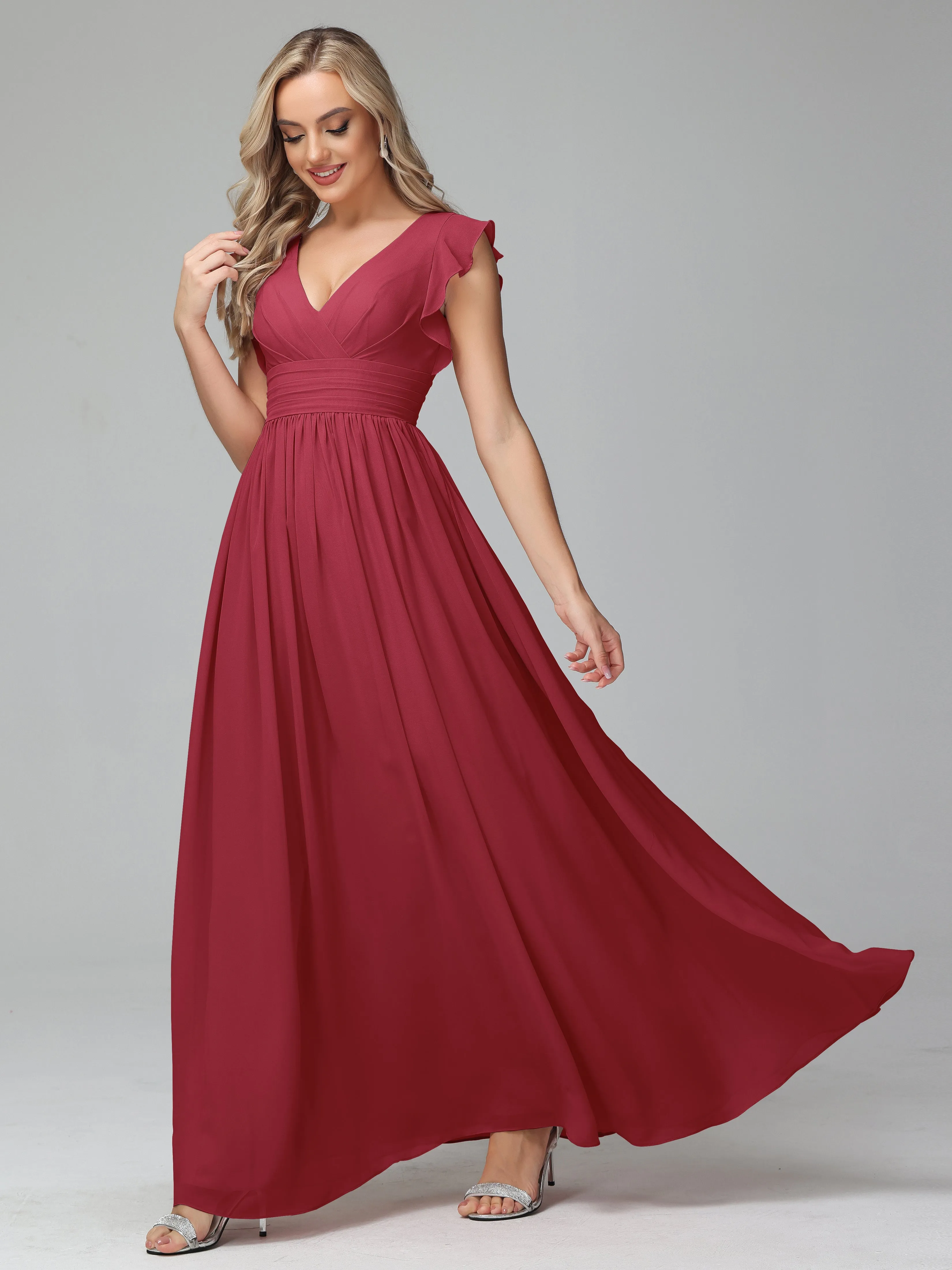 Bonnie V-Neck Chiffon Bridesmaid Dresses With Ruffle Sleeves